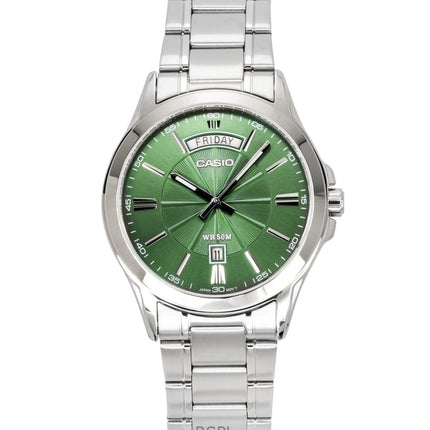 Montre analogique Casio Standard pour homme, acier inoxydable, cadran vert, quartz, MTP-1381D-3AV