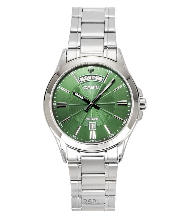 Montre analogique Casio Standard pour homme, acier inoxydable, cadran vert, quartz, MTP-1381D-3AV