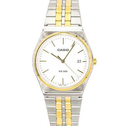 Montre homme Casio analogique bicolore en acier inoxydable, cadran blanc, mouvement à quartz MTP-B145SG-7AV