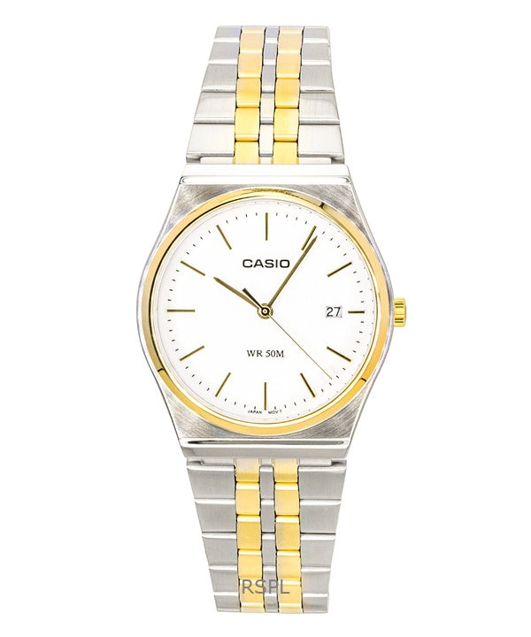 Montre homme Casio analogique bicolore en acier inoxydable, cadran blanc, mouvement à quartz MTP-B145SG-7AV