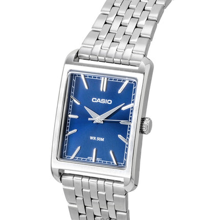 Montre homme Casio analogique en acier inoxydable, cadran bleu, mouvement à quartz MTP-B215D-2AV