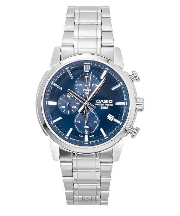 Montre homme Casio MTP-E510D-2A2V, chronographe analogique, boîtier en acier inoxydable, cadran bleu, mouvement à quartz