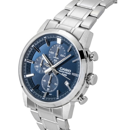 Montre homme Casio MTP-E510D-2A2V, chronographe analogique, boîtier en acier inoxydable, cadran bleu, mouvement à quartz