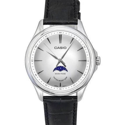 Casio Standard Analogique Moon Phase Bracelet en cuir Cadran argenté Quartz MTP-M100L-7A Montre pour homme