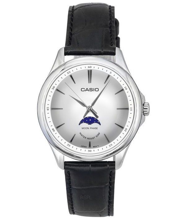 Casio Standard Analogique Moon Phase Bracelet en cuir Cadran argenté Quartz MTP-M100L-7A Montre pour homme