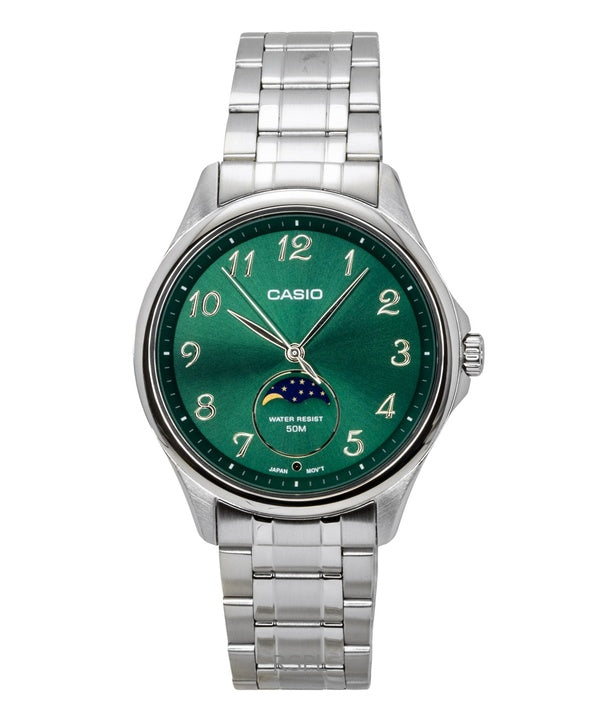 Montre homme Casio MTP-M110D-3AV à quartz, analogique standard, phase de lune, boîtier en acier inoxydable et cadran vert