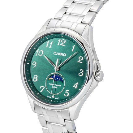 Montre homme Casio MTP-M110D-3AV à quartz, analogique standard, phase de lune, boîtier en acier inoxydable et cadran vert