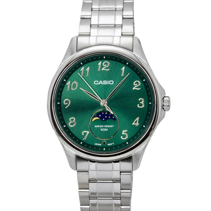 Montre homme Casio MTP-M110D-3AV à quartz, analogique standard, phase de lune, boîtier en acier inoxydable et cadran vert