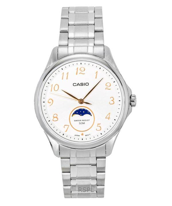Montre homme Casio MTP-M110D-7AV à quartz, cadran blanc, boîtier en acier inoxydable, phase de lune analogique standard