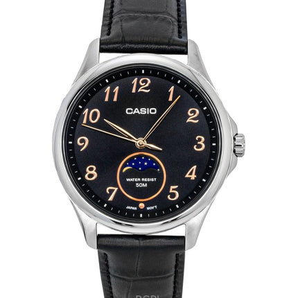 Montre homme Casio MTP-M110L-1AV à quartz, analogique standard, phase de lune, bracelet en cuir, cadran noir