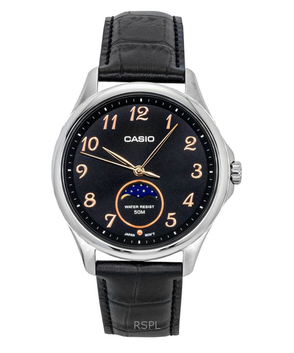 Montre homme Casio MTP-M110L-1AV à quartz, analogique standard, phase de lune, bracelet en cuir, cadran noir