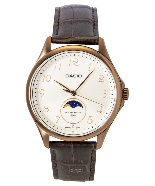 Montre homme Casio MTP-M110RL-5AV à quartz, bracelet en cuir, phase de lune analogique standard, cadran ivoire