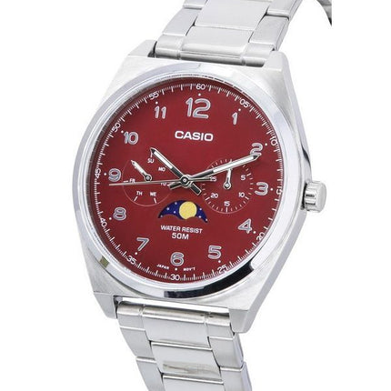 Montre Casio Standard analogique en acier inoxydable avec phase de lune et cadran rouge à quartz MTP-M300D-4A pour ho