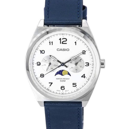 Montre homme Casio MTP-M300L-7A MTPM300L-7 à quartz, analogique, phase de lune, cadran blanc, bracelet en cuir, remise à neuf