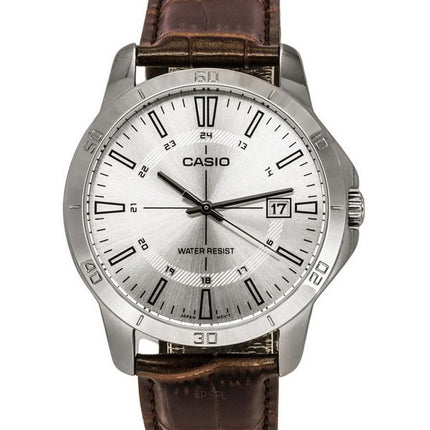 Montre Casio Standard analogique avec bracelet en cuir marron et cadran argenté à quartz MTP-V004L-7C pour homme