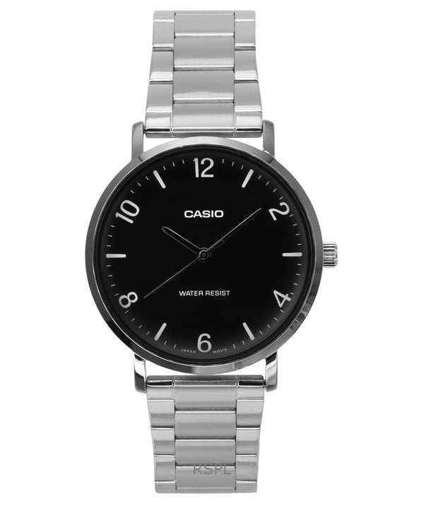 Montre analogique Casio Standard pour homme, acier inoxydable, cadran noir, quartz, MTP-VT03D-1B