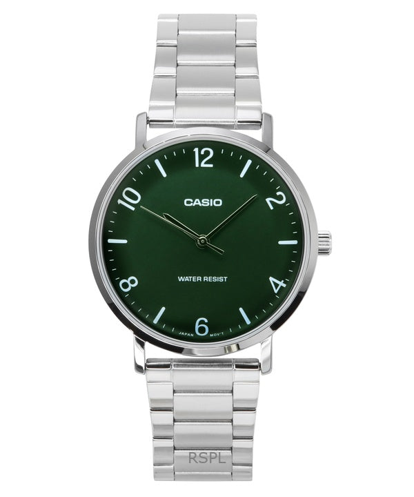 Montre analogique Casio Standard pour homme, acier inoxydable, cadran vert, quartz, MTP-VT03D-3B