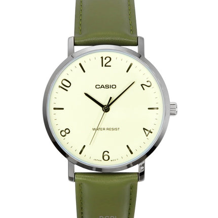 Montre analogique Casio Standard pour homme, bracelet en cuir vert, cadran blanc, quartz, MTP-VT03L-7B