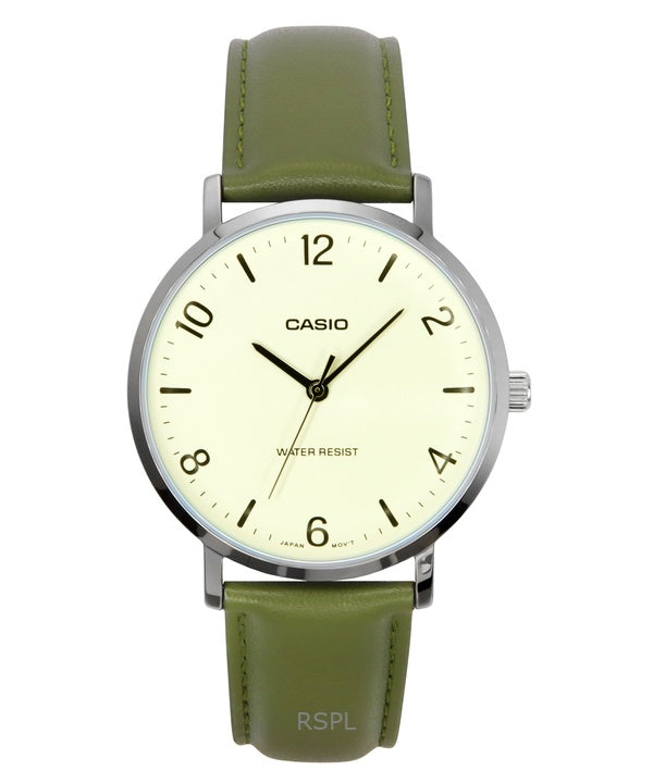 Montre analogique Casio Standard pour homme, bracelet en cuir vert, cadran blanc, quartz, MTP-VT03L-7B
