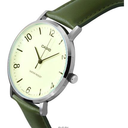 Montre analogique Casio Standard pour homme, bracelet en cuir vert, cadran blanc, quartz, MTP-VT03L-7B