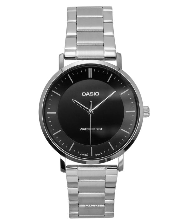 Montre analogique Casio Standard pour homme, acier inoxydable, cadran noir, quartz, MTP-VT04D-1E