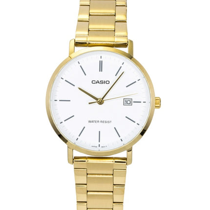 Montre homme Casio analogique en acier inoxydable doré, cadran blanc, mouvement à quartz MTP-VT05G-7E