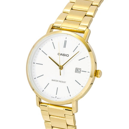 Montre homme Casio analogique en acier inoxydable doré, cadran blanc, mouvement à quartz MTP-VT05G-7E