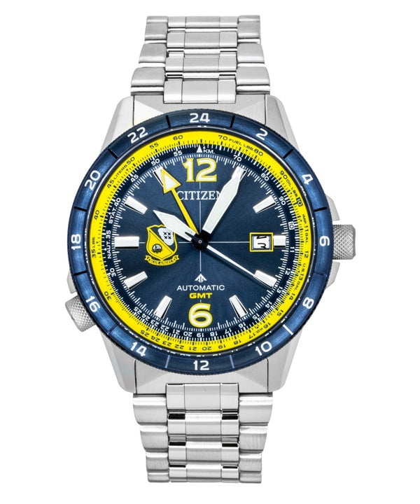 Montre homme Citizen GMT analogique en acier inoxydable, cadran bleu marine, automatique NB6044-54L, étanche à 200 m