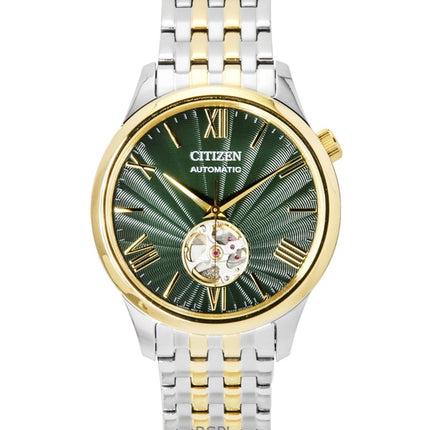 Montre Citizen bicolore en acier inoxydable avec cadran vert et bracelet en cuir NH9134-83X pour homme