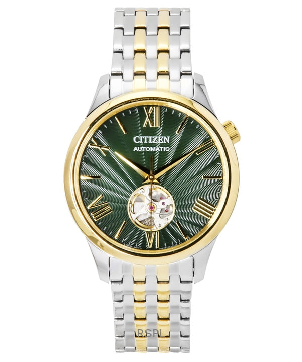 Montre Citizen bicolore en acier inoxydable avec cadran vert et bracelet en cuir NH9134-83X pour homme