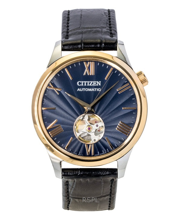 Montre homme Citizen NH9136-02L, bracelet en cuir, cadran bleu, cadran ouvert