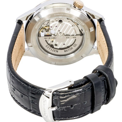 Montre homme Citizen NH9136-02L, bracelet en cuir, cadran bleu, cadran ouvert