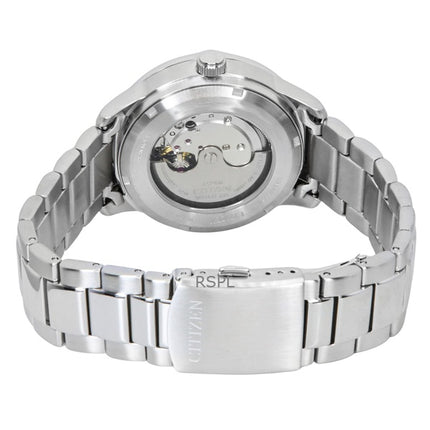 Montre homme Citizen NJ0191-83A automatique en acier inoxydable avec cadran bleu clair et bracelet en caoutchouc résistant aux chocs.