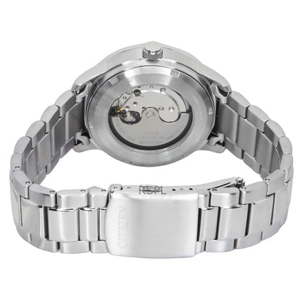 Montre homme Citizen NJ0191-83E automatique en acier inoxydable avec cadran noir et bracelet en caoutchouc résistant aux chocs.