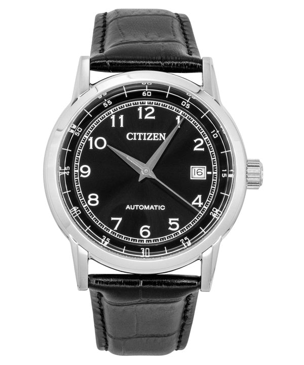 Montre homme Citizen NJ0210-05E, bracelet en cuir de veau, cadran noir, automatique, étanche à 100 m