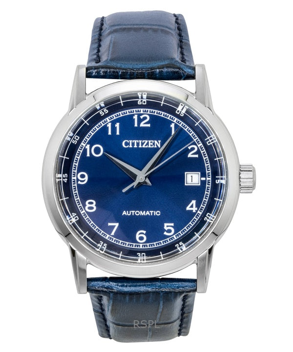 Montre homme Citizen NJ0210-13L, bracelet en cuir, cadran bleu, automatique
