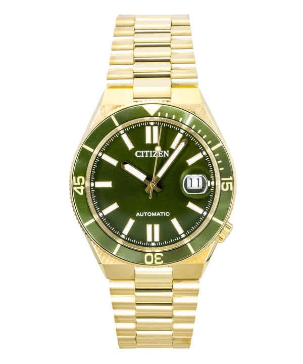 Montre homme Citizen Tsuyosa Shore analogique en acier inoxydable doré, cadran vert, automatique NJ0232-53X, étanche à 100 m