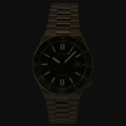 Montre homme Citizen Tsuyosa Shore analogique en acier inoxydable doré, cadran vert, automatique NJ0232-53X, étanche à 100 m