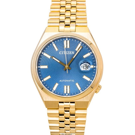 Montre homme Citizen Tsuyosa 60, boîtier en acier inoxydable doré rose, cadran bleu, automatique NK0023-57L, étanche à 100 m