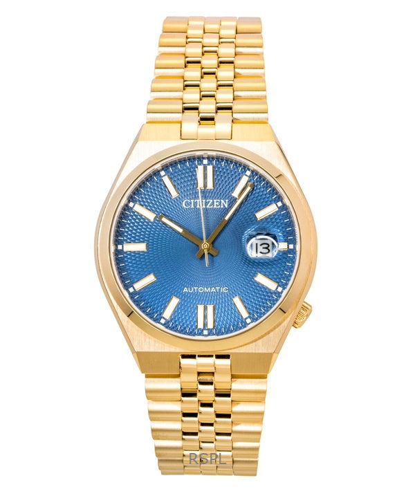 Montre homme Citizen Tsuyosa 60, boîtier en acier inoxydable doré rose, cadran bleu, automatique NK0023-57L, étanche à 100 m