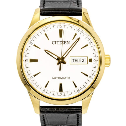 Montre homme Citizen NY4059-09A, bracelet en cuir, cadran blanc, automatique