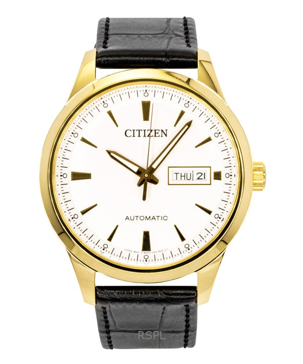 Montre homme Citizen NY4059-09A, bracelet en cuir, cadran blanc, automatique