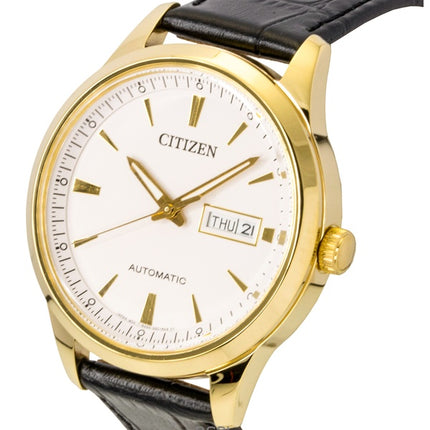 Montre homme Citizen NY4059-09A, bracelet en cuir, cadran blanc, automatique
