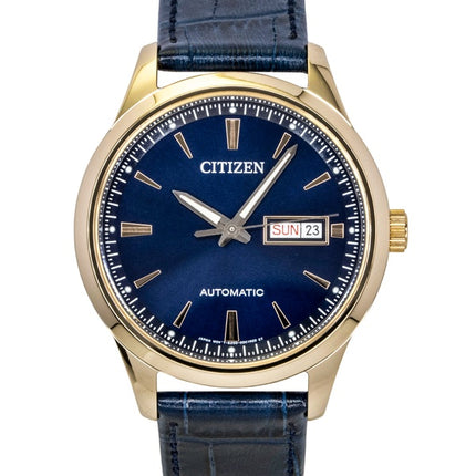 Montre homme Citizen analogique à bracelet en cuir, cadran bleu et mouvement automatique NY4063-01L