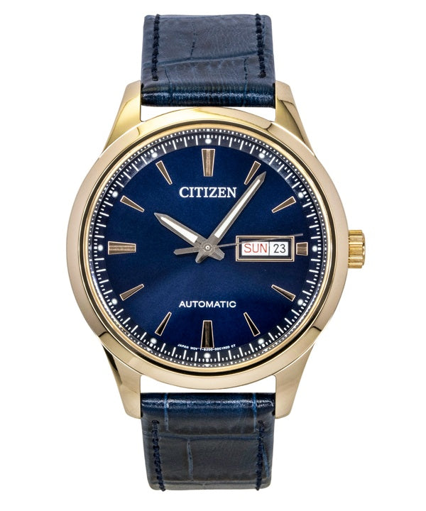 Montre homme Citizen analogique à bracelet en cuir, cadran bleu et mouvement automatique NY4063-01L