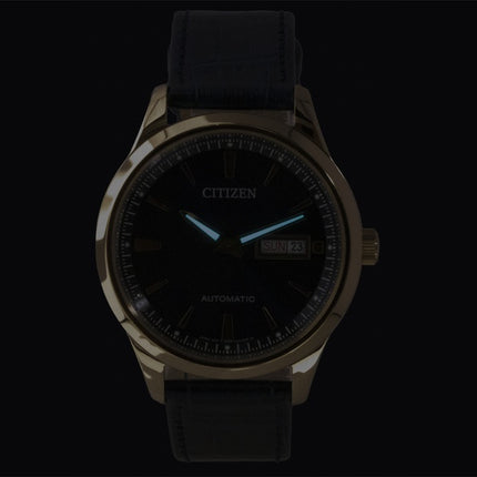 Montre homme Citizen analogique à bracelet en cuir, cadran bleu et mouvement automatique NY4063-01L
