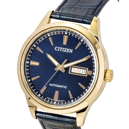 Montre homme Citizen analogique à bracelet en cuir, cadran bleu et mouvement automatique NY4063-01L