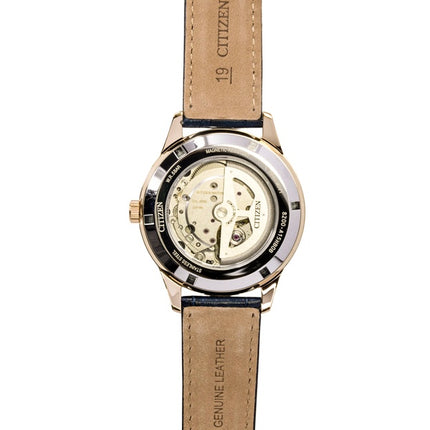 Montre homme Citizen analogique à bracelet en cuir, cadran bleu et mouvement automatique NY4063-01L