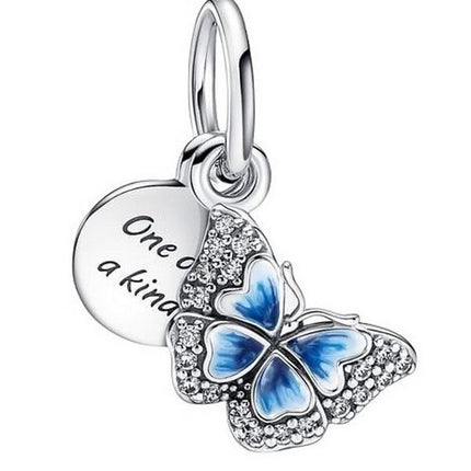 Charm double pendentif Pandora avec papillon bleu et citation 790757C01 pour femme