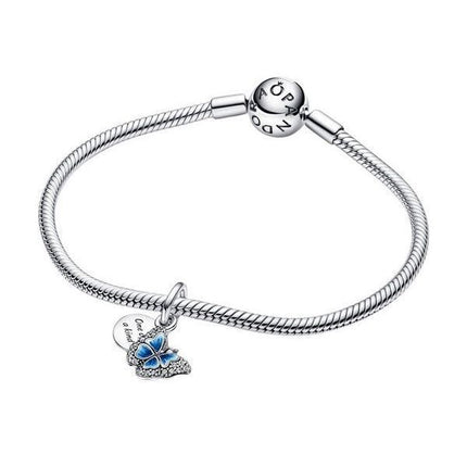Charm double pendentif Pandora avec papillon bleu et citation 790757C01 pour femme